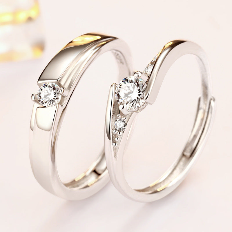 925 Sterling Silver Korean-Style Couple Rings - Adjustable Zircon Wedding Band Set