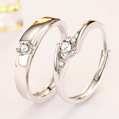 925 Sterling Silver Korean-Style Couple Rings - Adjustable Zircon Wedding Band Set
