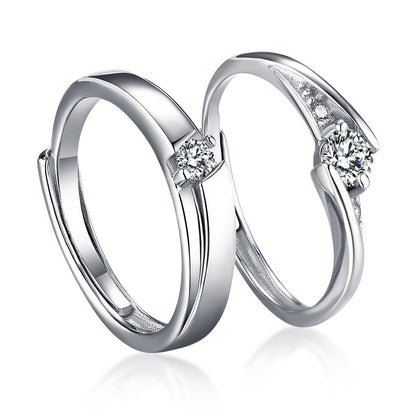 925 Sterling Silver Korean-Style Couple Rings - Adjustable Zircon Wedding Band Set