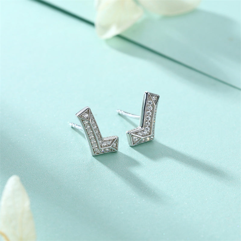 925 Sterling Silver L Letter Earrings for Women Minimalist Zircon Initial Studs White Gold Plated