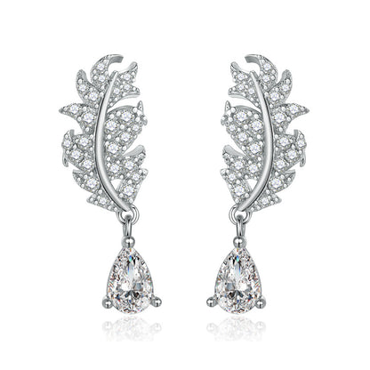 925 Sterling Silver Leaf Earrings for Women Elegant Teardrop Tassel Dangle Earrings White Gold Plated