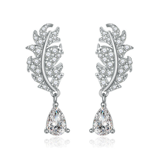 925 Sterling Silver Leaf Earrings for Women Elegant Teardrop Tassel Dangle Earrings White Gold Plated