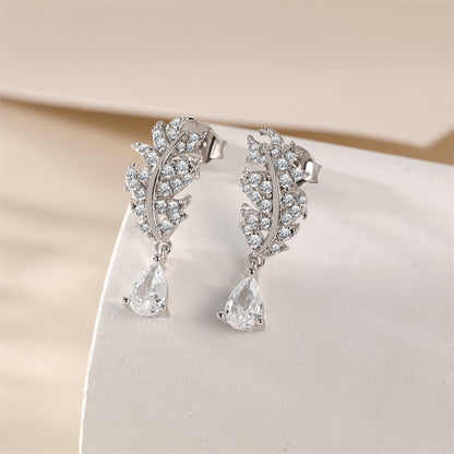 925 Sterling Silver Leaf Earrings for Women Elegant Teardrop Tassel Dangle Earrings White Gold Plated