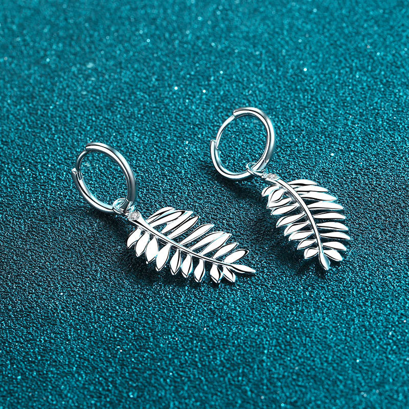 925 Sterling Silver Leaf Moissanite Huggie Hoop Earrings - Tribal Inspired Minimalist Jewelry