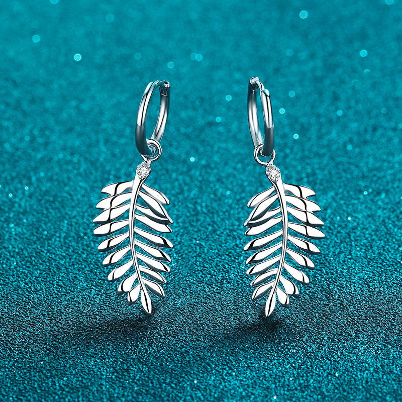 925 Sterling Silver Leaf Moissanite Huggie Hoop Earrings - Tribal Inspired Minimalist Jewelry