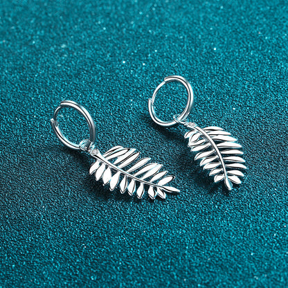 925 Sterling Silver Leaf Moissanite Huggie Hoop Earrings - Tribal Inspired Minimalist Jewelry