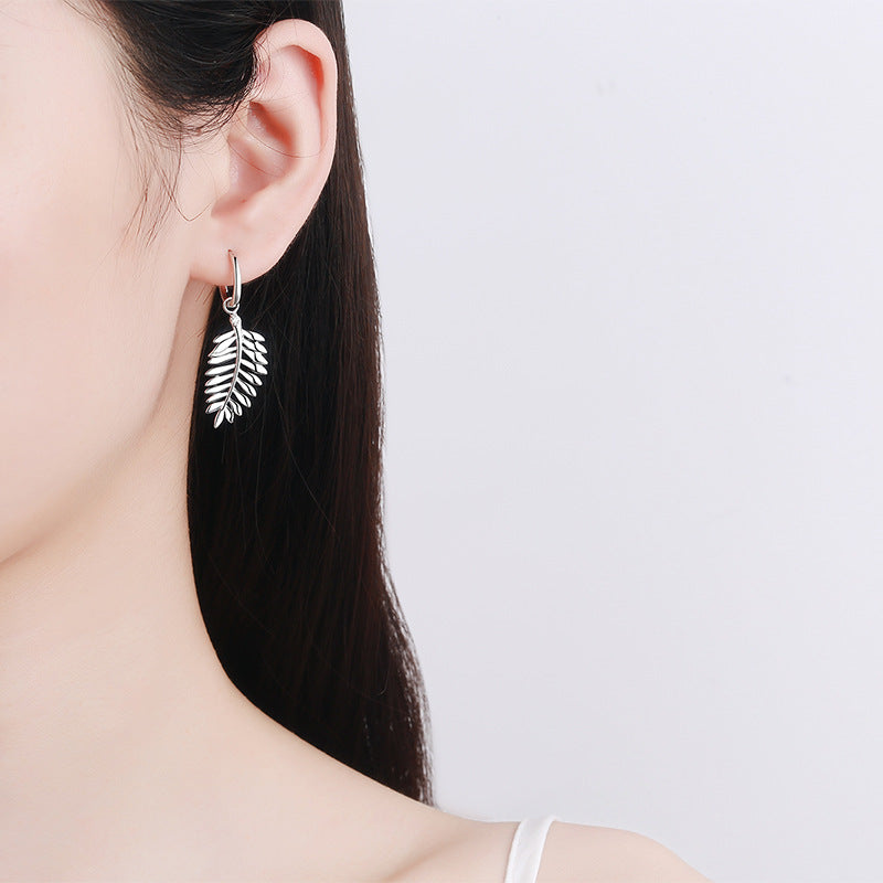 925 Sterling Silver Leaf Moissanite Huggie Hoop Earrings - Tribal Inspired Minimalist Jewelry