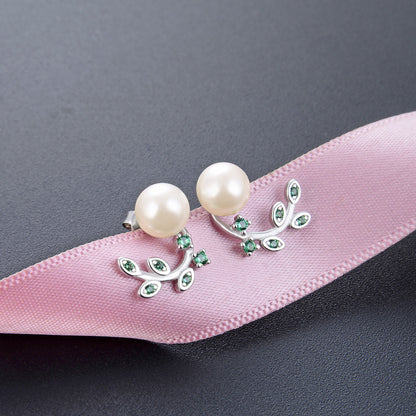 925 Sterling Silver Leaf Pearl Stud Earrings - Korean Style Shell Pearl Earrings with Plastic Backs