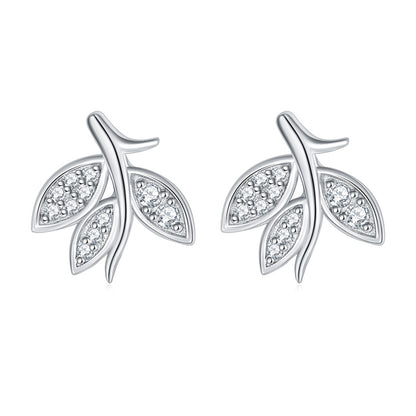 925 Sterling Silver Leaf Stud Earrings – Elegant Zircon Botanical Jewelry