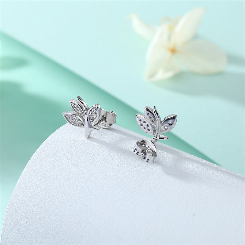 925 Sterling Silver Leaf Stud Earrings – Elegant Zircon Botanical Jewelry