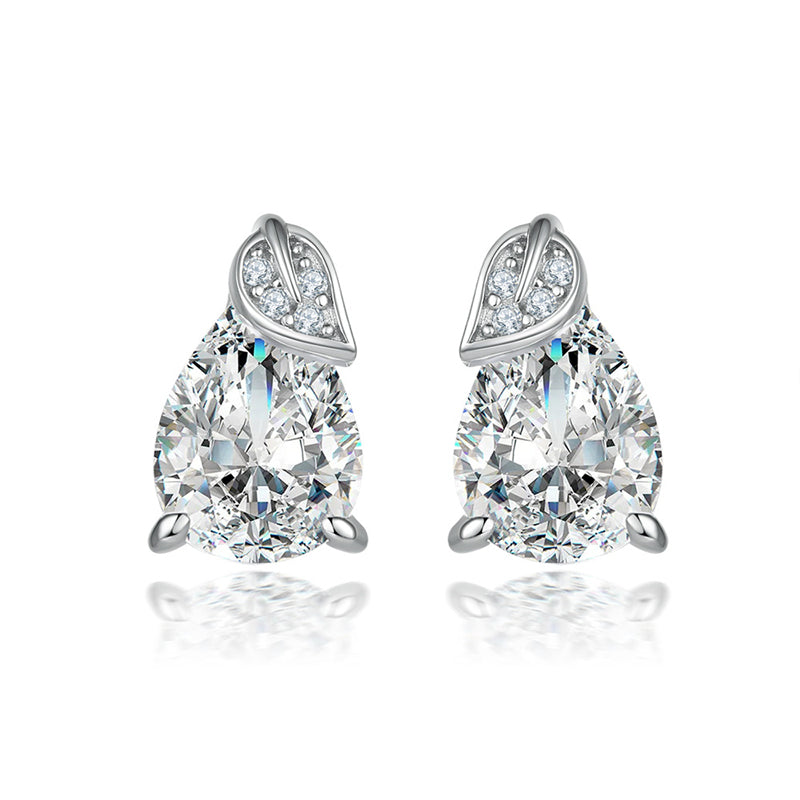 925 Sterling Silver Leaf Teardrop Earrings for Women Elegant Zircon Floral Stud Earrings White Gold Plated