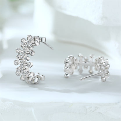 925 Sterling Silver Leaf U-Hoop Earrings – Elegant Zircon Pavé Half-Circle Earrings for Women