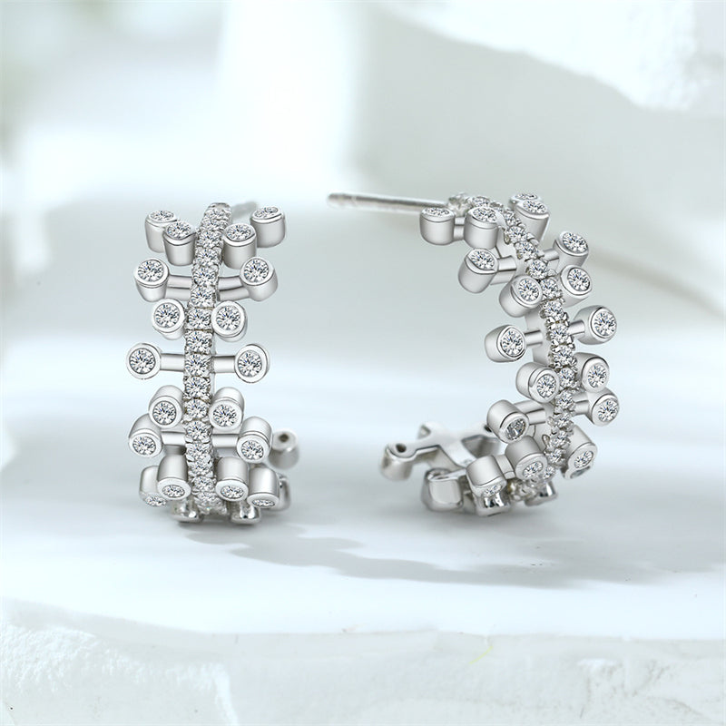 925 Sterling Silver Leaf U-Hoop Earrings – Elegant Zircon Pavé Half-Circle Earrings for Women