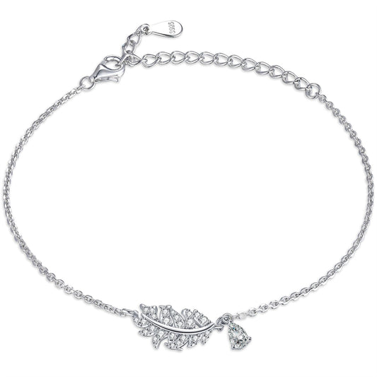 925 Sterling Silver Leaf & Teardrop Bracelet - Nature-Inspired Elegant Jewelry
