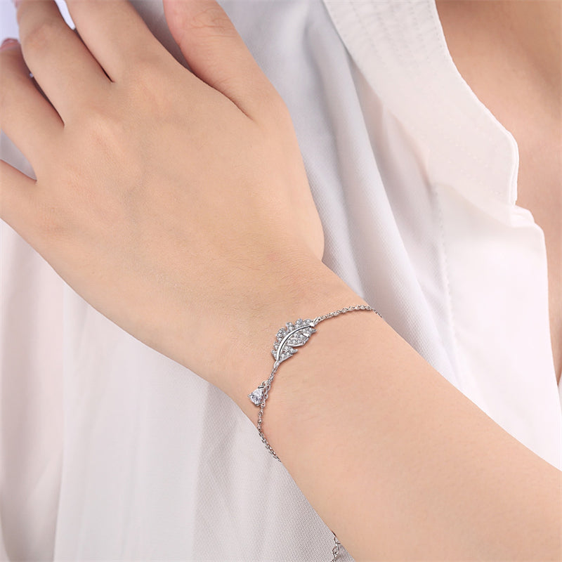 925 Sterling Silver Leaf & Teardrop Bracelet - Nature-Inspired Elegant Jewelry