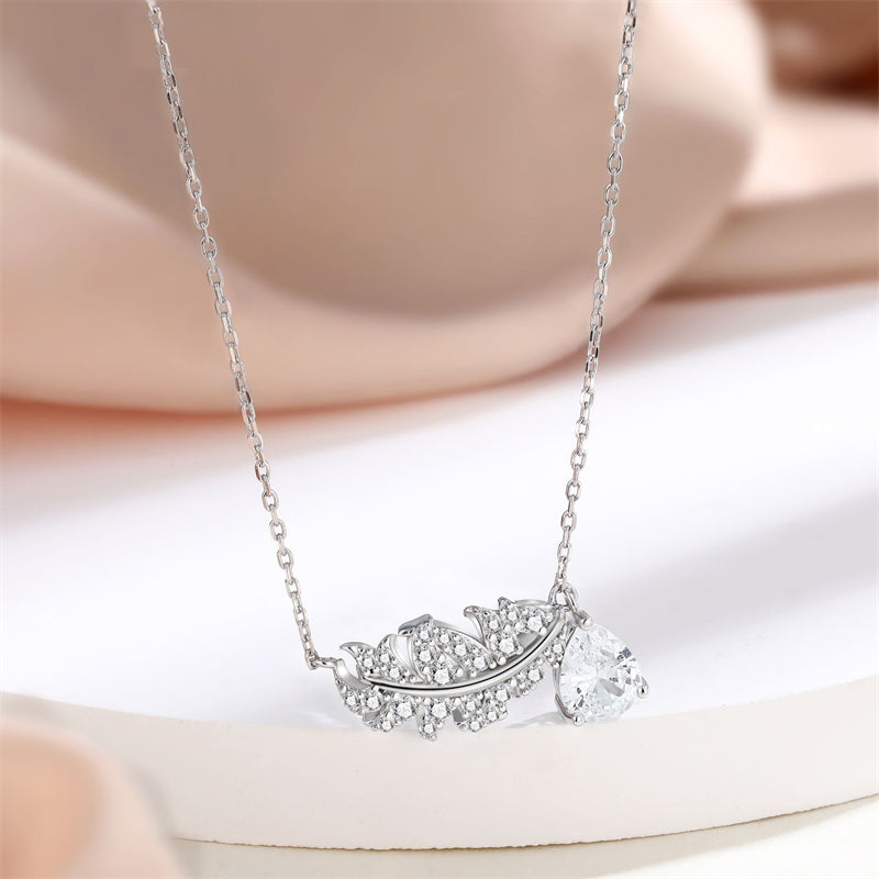 925 Sterling Silver Leaf & Teardrop Pendant Necklace - Nature-Inspired Zirconia Collarbone Chain