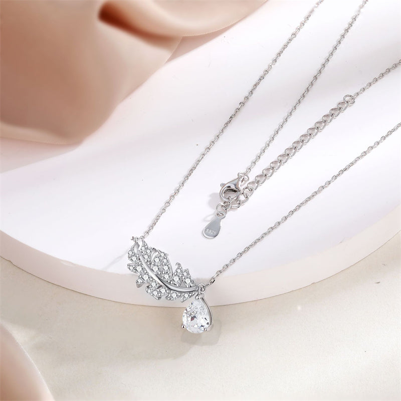 925 Sterling Silver Leaf & Teardrop Pendant Necklace - Nature-Inspired Zirconia Collarbone Chain