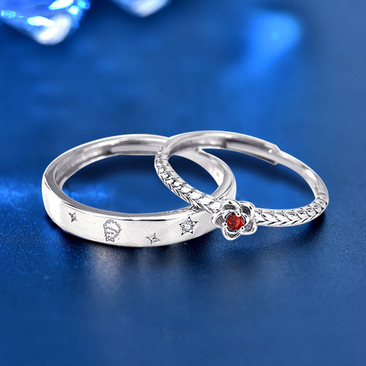 925 Sterling Silver Little Prince & Rose Couple Rings - Adjustable Cartoon-Inspired Matching Bands (Red/Zircon Options