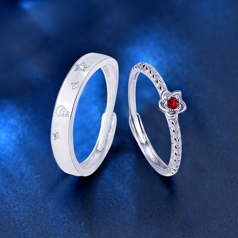 925 Sterling Silver Little Prince & Rose Couple Rings - Adjustable Cartoon-Inspired Matching Bands (Red/Zircon Options