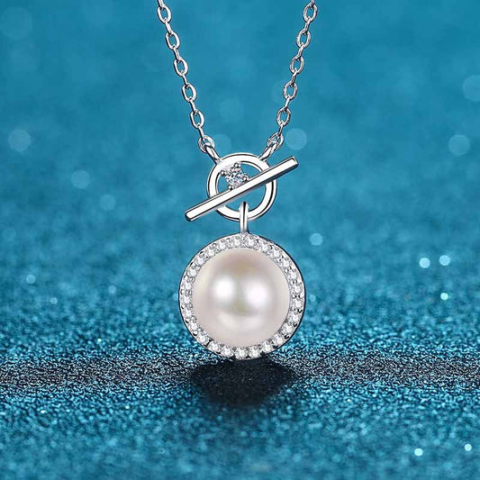 925 Sterling Silver Lock Pendant Necklace - 0.14CT Moissanite & 8mm Freshwater Pearl Chain