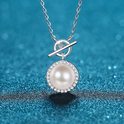 925 Sterling Silver Lock Pendant Necklace - 0.14CT Moissanite & 8mm Freshwater Pearl Chain