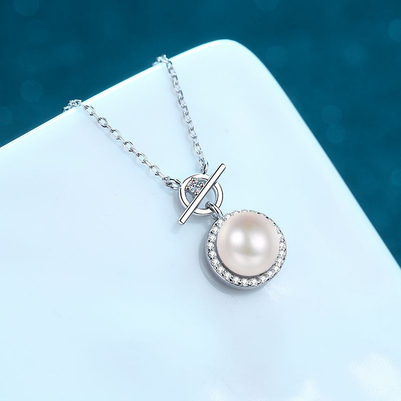 925 Sterling Silver Lock Pendant Necklace - 0.14CT Moissanite & 8mm Freshwater Pearl Chain