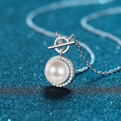 925 Sterling Silver Lock Pendant Necklace - 0.14CT Moissanite & 8mm Freshwater Pearl Chain