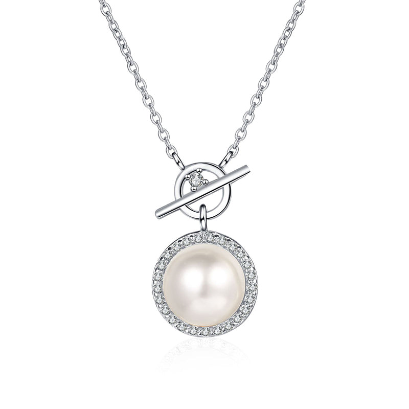 925 Sterling Silver Lock Pendant Necklace - 0.14CT Moissanite & 8mm Freshwater Pearl Chain