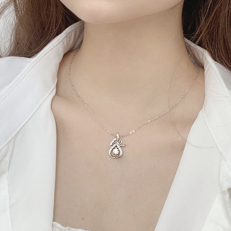 925 Sterling Silver Lucky Bag Pendant Necklace with 0.5ct Moissanite & Adjustable Cross Chain Chinese Inspired Elegant Jewelry