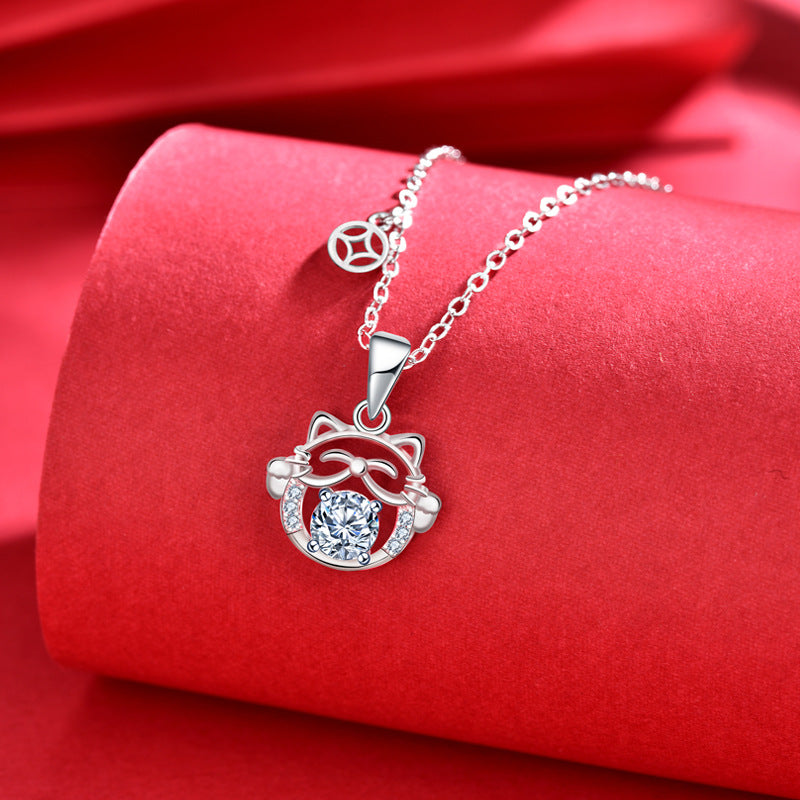 925 Sterling Silver Lucky Cat Pendant Necklace with 0.5ct Moissanite & Adjustable Cross Chain Original Asian Inspired Design