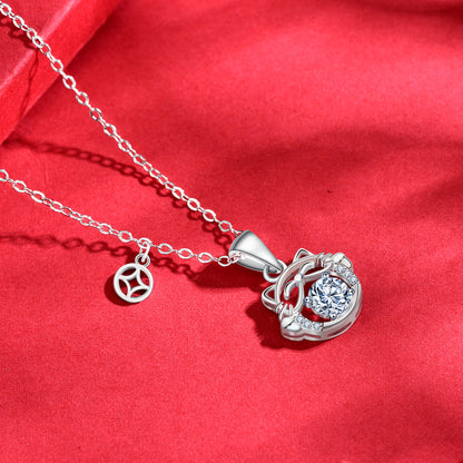 925 Sterling Silver Lucky Cat Pendant Necklace with 0.5ct Moissanite & Adjustable Cross Chain Original Asian Inspired Design