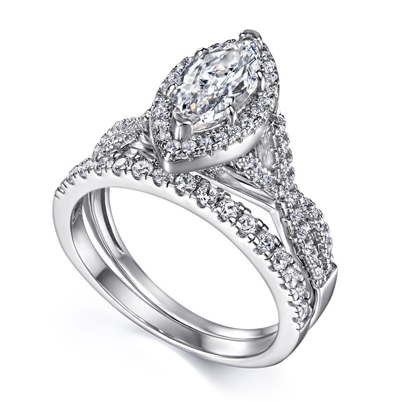925 Sterling Silver Marquise Cut Zircon Ring Set – Stackable Geometric Wedding Band Collection