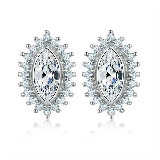 925 Sterling Silver Marquise Sunflower Stud Earrings – Vintage Crown Design with Geometric Edge