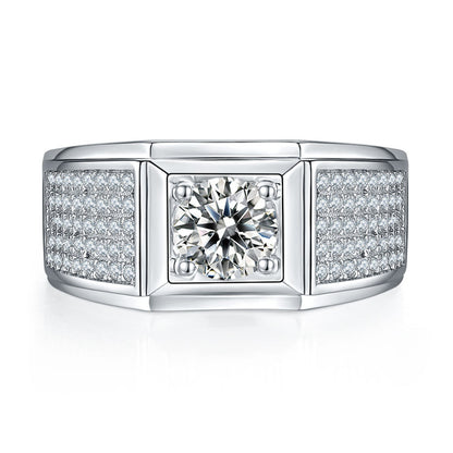 925 Sterling Silver Men's Moissanite Ring - Diamond-Simulated Wedding Band (White Gold Plated)