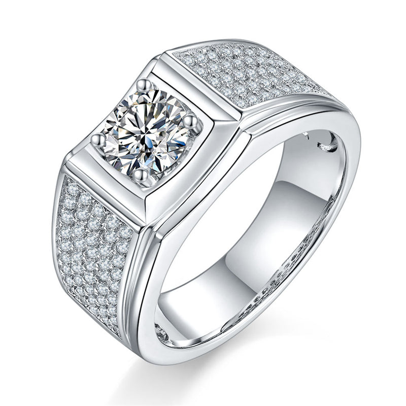 925 Sterling Silver Men's Moissanite Ring - Diamond-Simulated Wedding Band (White Gold Plated)