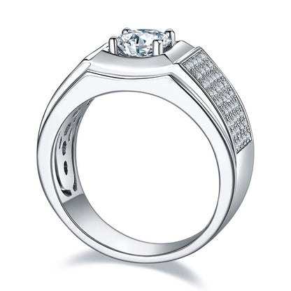 925 Sterling Silver Men's Moissanite Ring - Diamond-Simulated Wedding Band (White Gold Plated)
