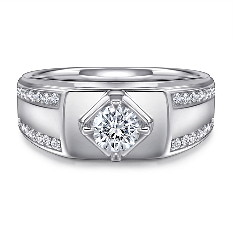 925 Sterling Silver Men's Solitaire Ring - Classic Round Cut Zircon Wedding Band