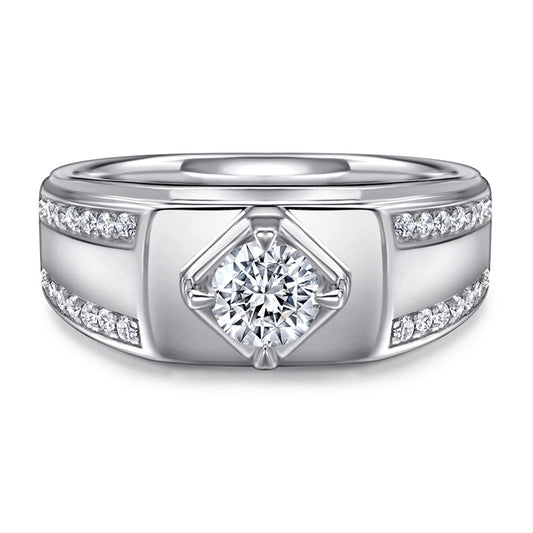 925 Sterling Silver Men's Solitaire Ring - Classic Round Cut Zircon Wedding Band