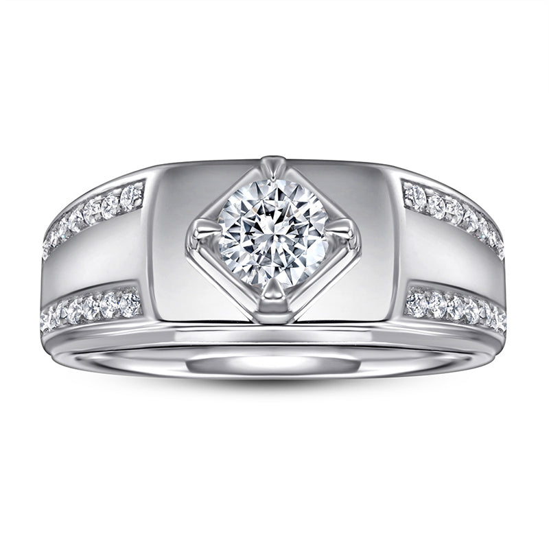 925 Sterling Silver Men's Solitaire Ring - Classic Round Cut Zircon Wedding Band