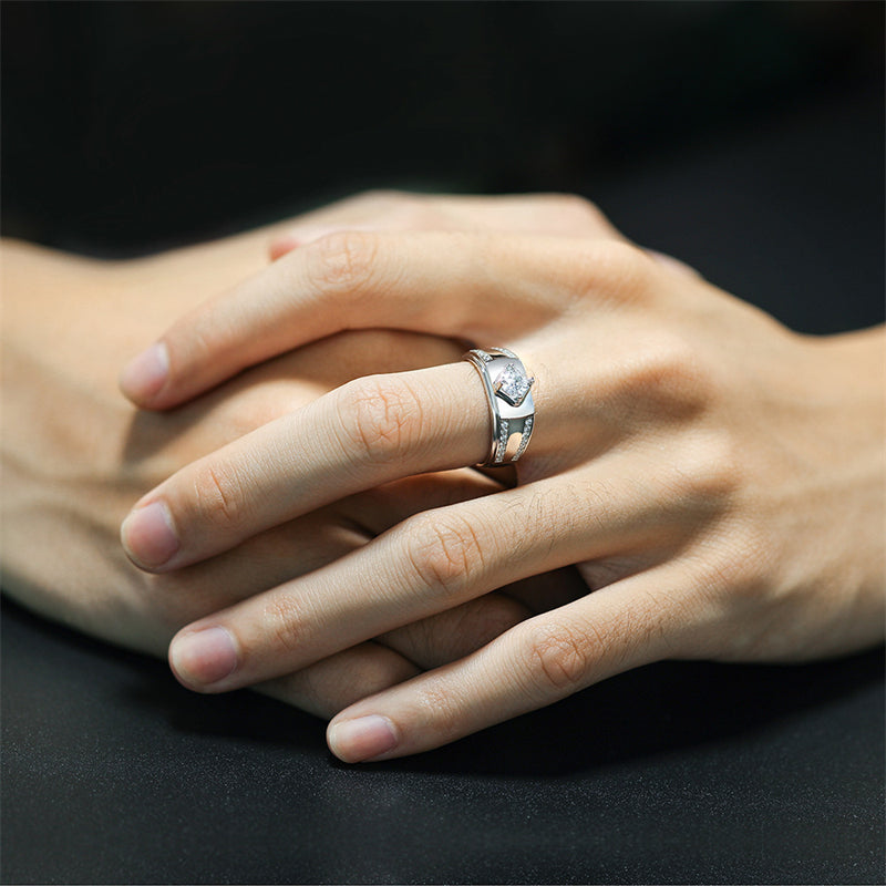 925 Sterling Silver Men's Solitaire Ring - Classic Round Cut Zircon Wedding Band
