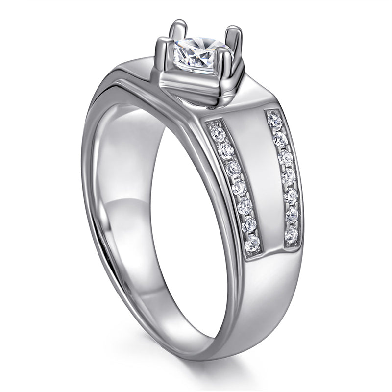 925 Sterling Silver Men's Solitaire Ring - Classic Round Cut Zircon Wedding Band