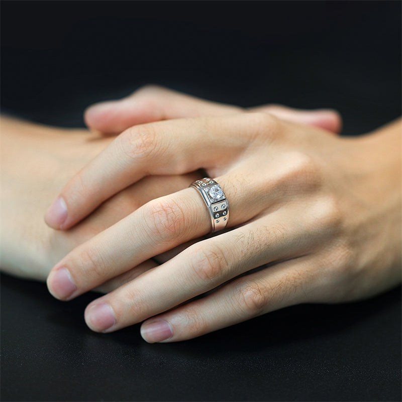 925 Sterling Silver Men's Wedding Ring - Premium Zircon Geometric Band