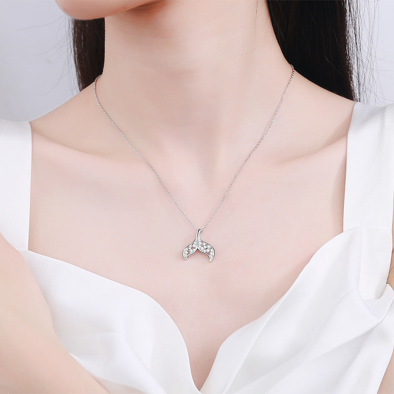 925 Sterling Silver Mermaid Tail Pendant Necklace - 0.393CT Moissanite Unique Collarbone Chain
