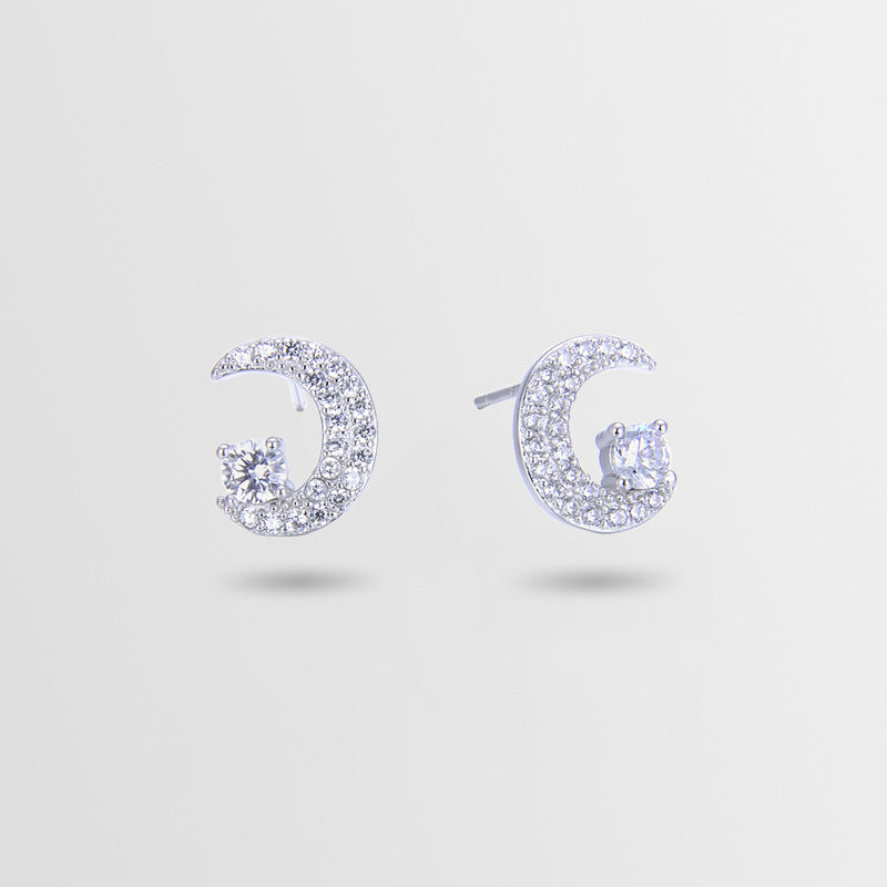 925 Sterling Silver Moon CZ Stud Earrings - Korean Geometric Celestial Earrings with Plastic Backs