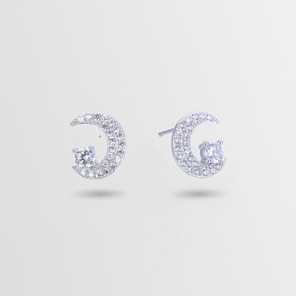925 Sterling Silver Moon CZ Stud Earrings - Korean Geometric Celestial Earrings with Plastic Backs
