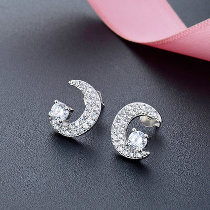 925 Sterling Silver Moon CZ Stud Earrings - Korean Geometric Celestial Earrings with Plastic Backs