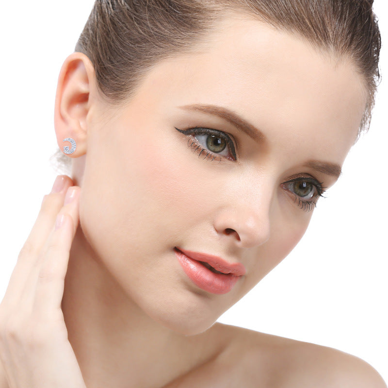 925 Sterling Silver Moon CZ Stud Earrings - Korean Geometric Celestial Earrings with Plastic Backs