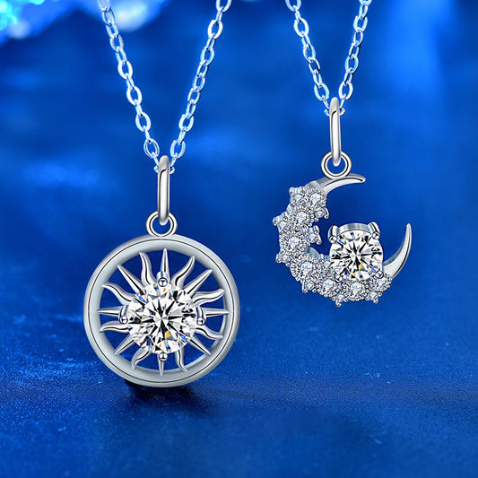 925 Sterling Silver Moon Couple Pendant Necklace Set Men's 1ct & Women's 0.5ct Moissanite Cross Chain Elegant Matching Jewelry