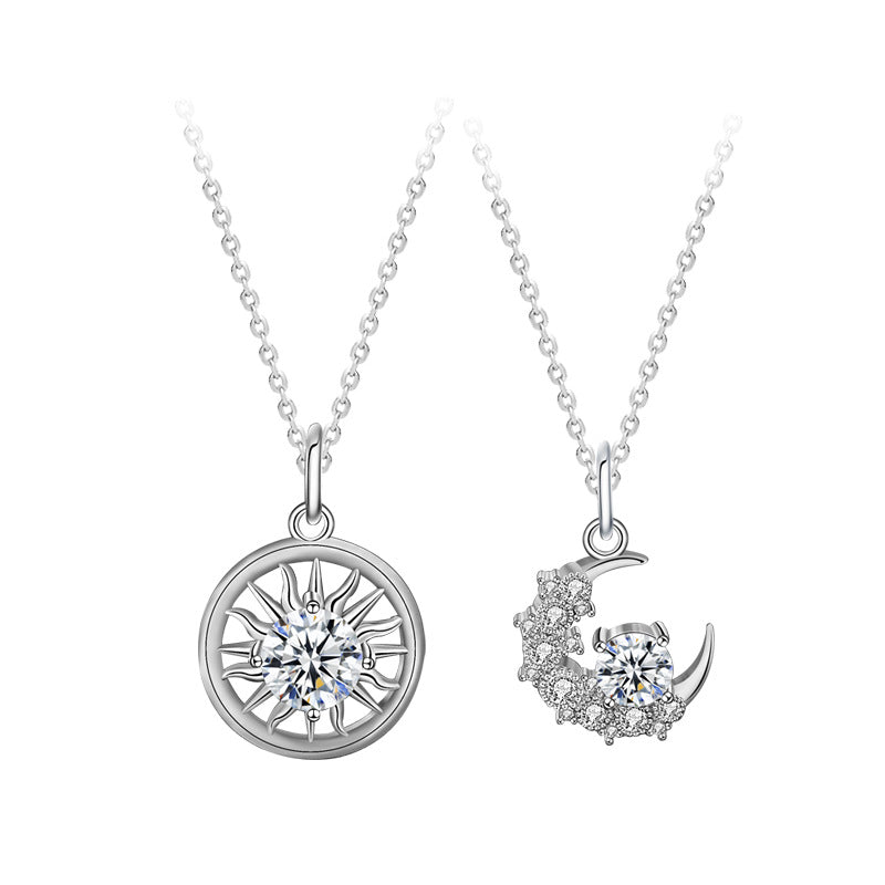 925 Sterling Silver Moon Couple Pendant Necklace Set Men's 1ct & Women's 0.5ct Moissanite Cross Chain Elegant Matching Jewelry