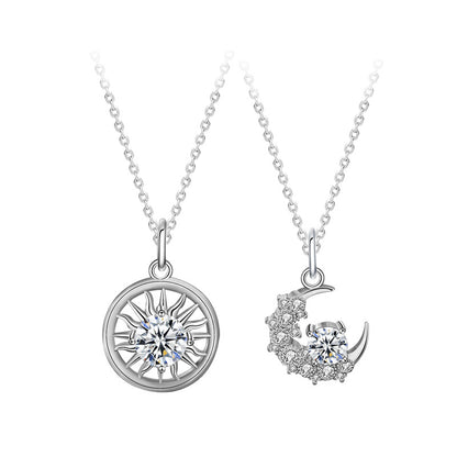 925 Sterling Silver Moon Couple Pendant Necklace Set Men's 1ct & Women's 0.5ct Moissanite Cross Chain Elegant Matching Jewelry